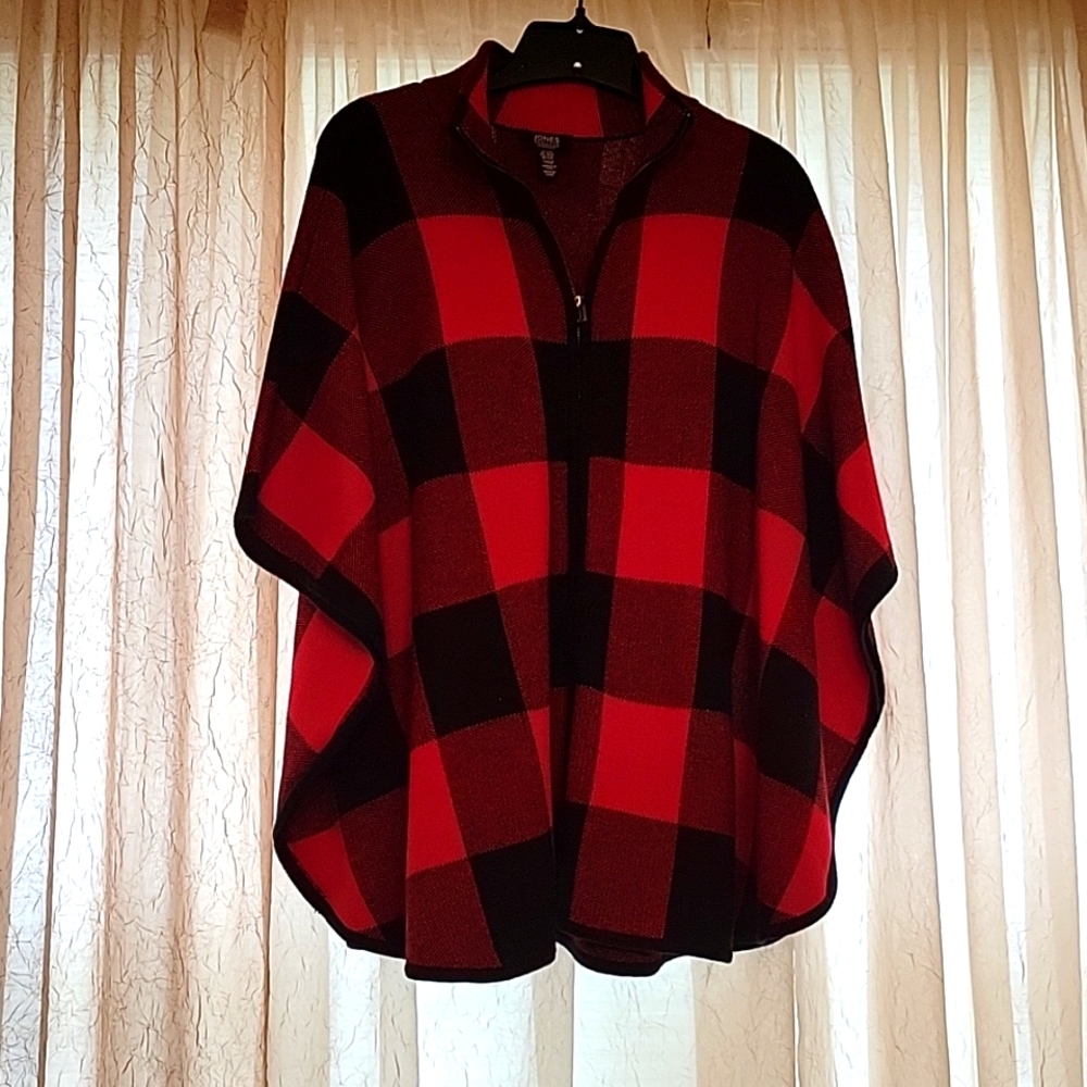 Jones New York Signature Cape Cardigan, Red and Black Hunter Plaid.